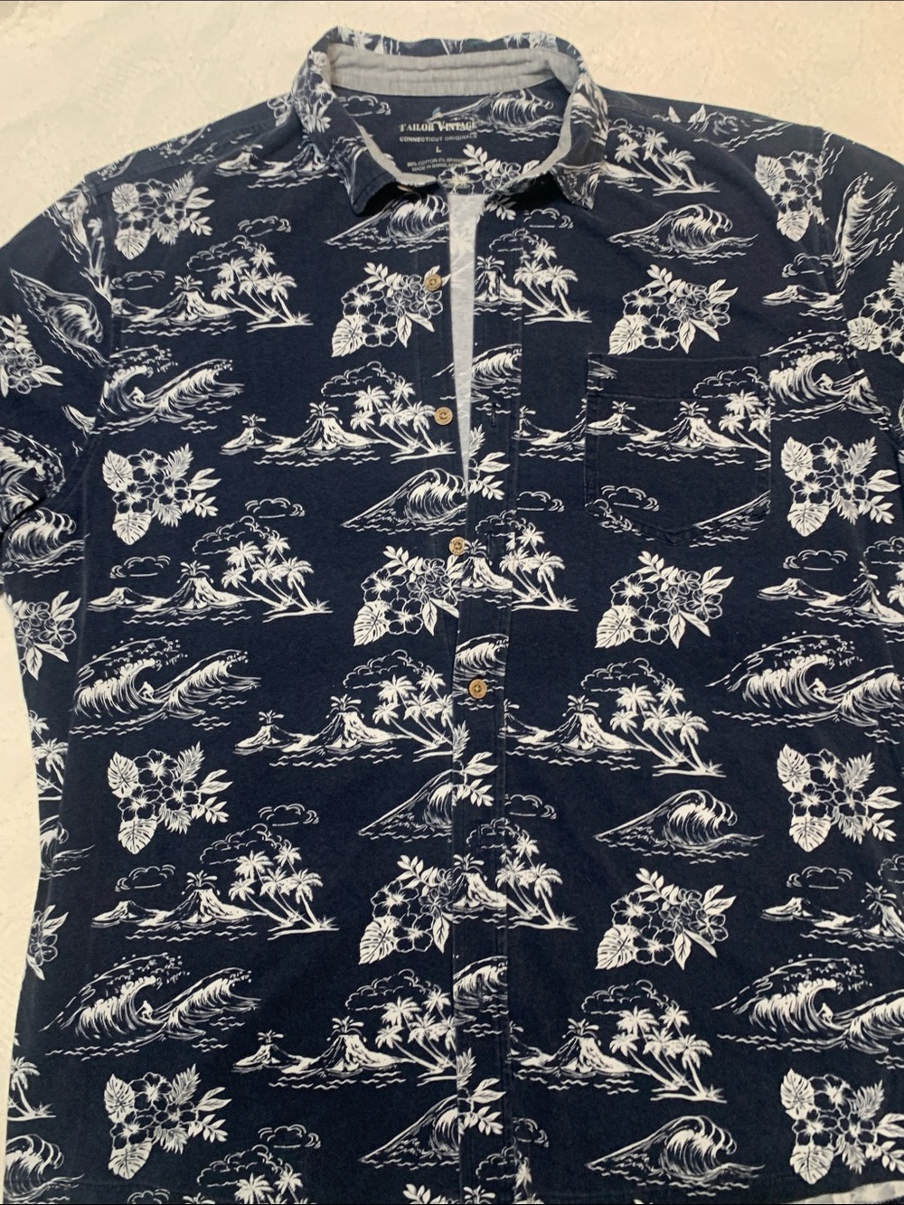 Tailor Vintage Navy and White Hawaiian Floral Button-Down Shirt